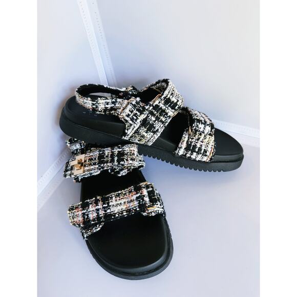 A New Day Jonie Jet Black Tweed Sandals Sling Back 6.5 Knit Gold Buckle Fall - Picture 6 of 10